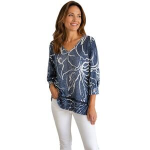 Chicos 1 (M) blue white knit tunic sweater 3/4 sleeve career casual floral EUC